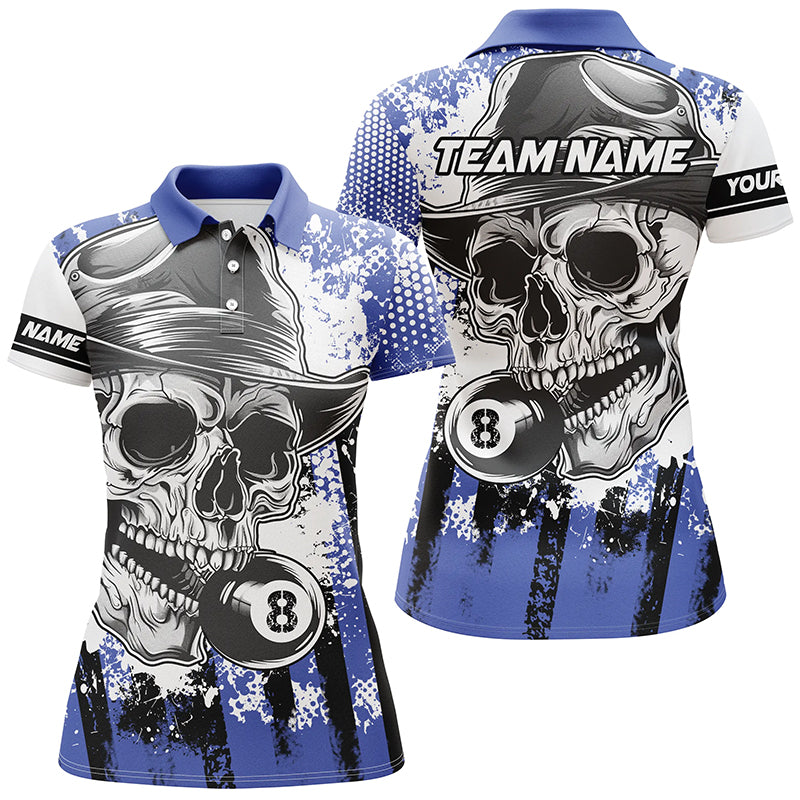 Personalized Blue Billiard Skull Holding 8 Ball Women Polo Shirts Custom Billiard Team Jersey Attire TDM1382