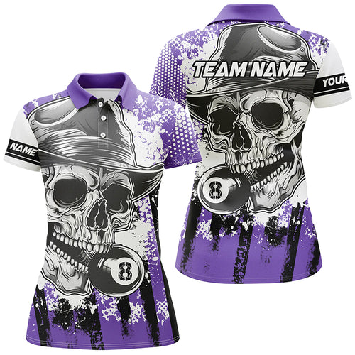 Personalized Purple Billiard Skull Holding 8 Ball Women Polo Shirts Custom Billiard Jersey Attire TDM1383