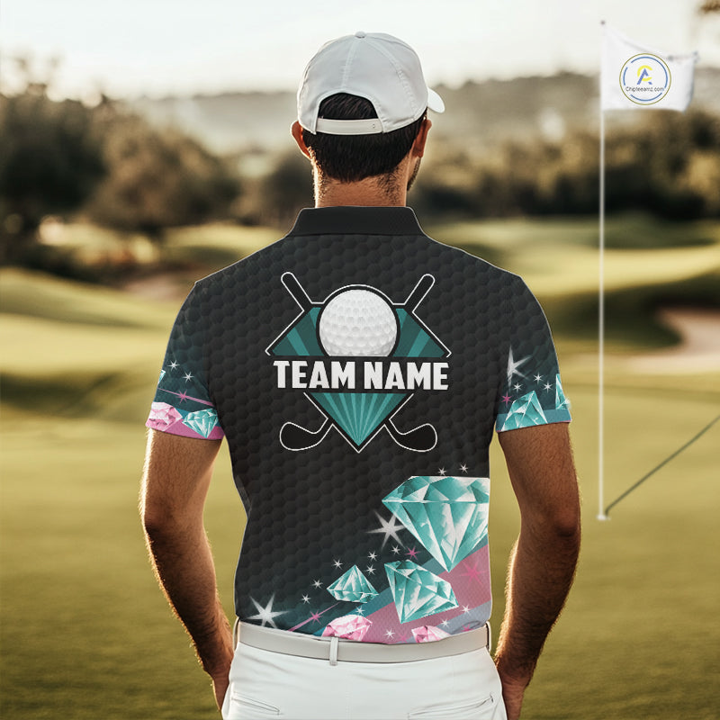 Funny Pink And Turquoise Diamonds Men Golf Polo Shirts Custom Team Golf Shirt, Golfing Gifts TDM6471