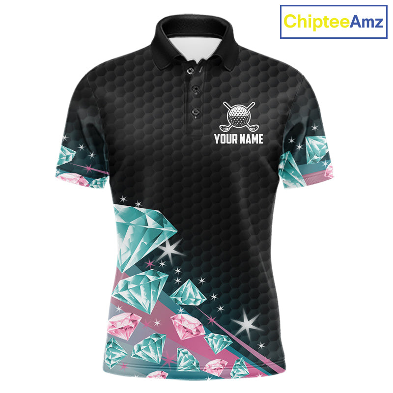 Funny Pink And Turquoise Diamonds Men Golf Polo Shirts Custom Team Golf Shirt, Golfing Gifts TDM6471