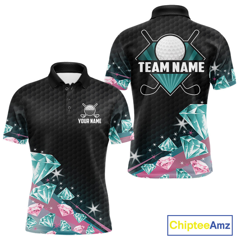 Funny Pink And Turquoise Diamonds Men Golf Polo Shirts Custom Team Golf Shirt, Golfing Gifts TDM6471