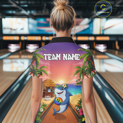 Funny Shark Sunset Tropical Bowling Shirts For Women Custom Bowling Polo & 1/4 Zip, Bowling Gifts TDM6472