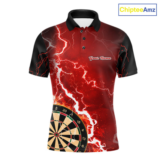 Custom red lightning darts team jersey polo shirt for men, personalized dart shirt with bold lightning graphics for darts league players.