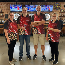 Load image into Gallery viewer, Darts team wearing matching red lightning darts jerseys front view.