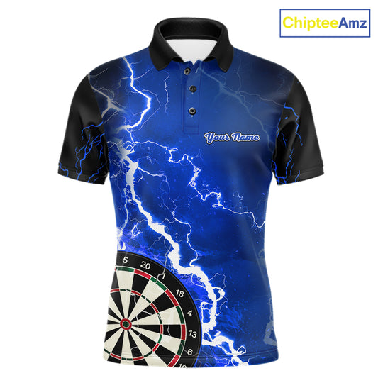 Custom blue lightning darts team jersey polo shirt for men, personalized dart shirt with electric lightning graphics for darts league players.