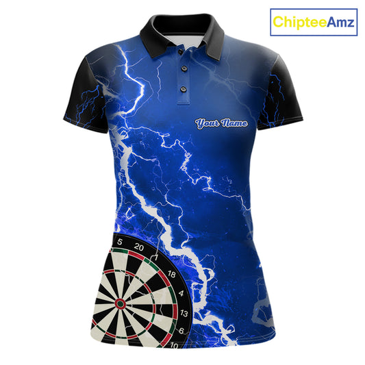 Custom blue lightning darts team jersey polo shirt for women, personalized dart shirt with electric lightning graphics for darts league players.