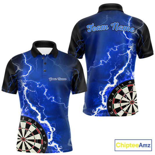 Custom blue lightning darts team jersey polo shirt for men, personalized dart shirt with electric lightning graphics for darts league players.