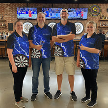 Load image into Gallery viewer, Darts team wearing matching blue lightning darts jerseys front view.