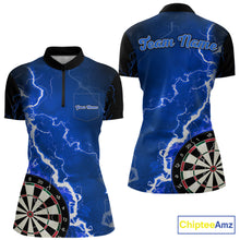 Load image into Gallery viewer, Custom blue lightning darts quarter zip shirt with left chest pocket for women, personalized darts team jersey.
