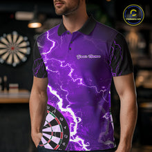 Load image into Gallery viewer, Man wearing custom purple lightning darts polo shirt front view.
