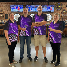 Load image into Gallery viewer, Darts team wearing matching purple lightning darts jerseys front view.