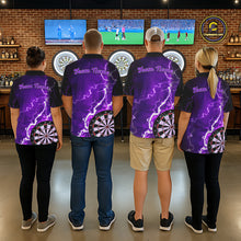 Load image into Gallery viewer, Darts team wearing matching purple lightning darts jerseys back view.
