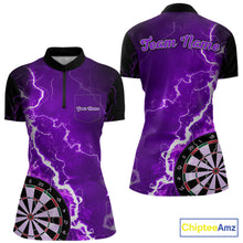Load image into Gallery viewer, Custom purple lightning darts quarter zip shirt with left chest pocket for women, personalized darts team jersey.