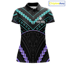 Load image into Gallery viewer, Custom teal and purple tribal 9 ball pool billiard team jersey polo shirt for women, personalized pool league apparel and tournament jersey.