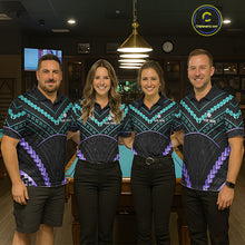 Load image into Gallery viewer, Billiard team wearing matching teal and purple tribal 9 ball pool jerseys front view.