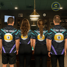 Load image into Gallery viewer, Billiard team wearing matching teal and purple tribal 9 ball pool jerseys back view