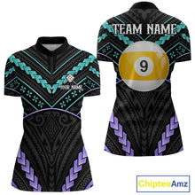 Load image into Gallery viewer, Custom teal and purple tribal 9 ball pool billiard quarter zip shirt for women, personalized billiard team jersey.