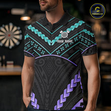 Load image into Gallery viewer, Man wearing custom teal and purple tribal dartboard darts polo shirt front view.