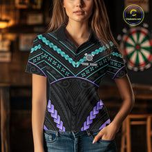 Load image into Gallery viewer, Woman wearing custom teal and purple tribal dartboard darts polo shirt front view.