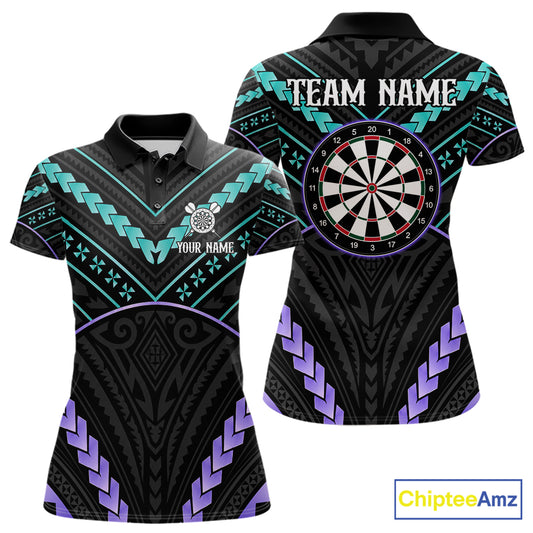 Custom teal and purple tribal dartboard darts team jersey polo shirt for women, personalized darts league apparel and tournament jersey.