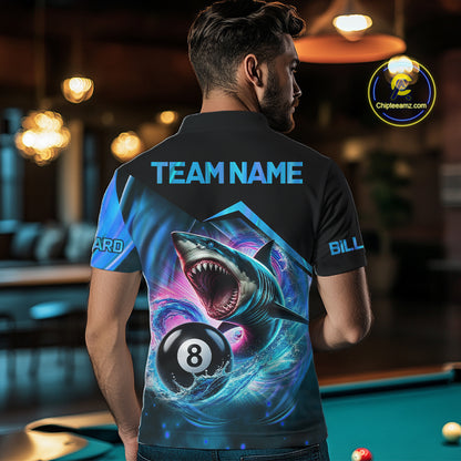 Man wearing blue 8 ball pool billiard shark team jersey featuring shark and 8 ball artwork, back view.