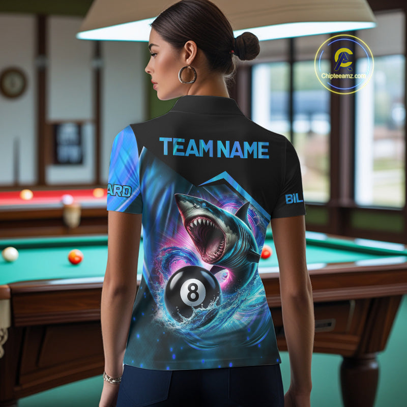 Woman wearing blue 8 ball pool billiard shark team jersey featuring shark and 8 ball artwork, back view.