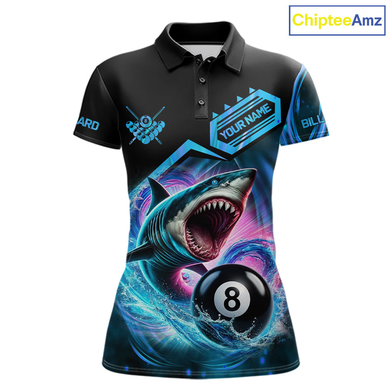Blue 8 ball pool billiard shark team jersey polo shirt for women featuring a fierce shark and 8 ball design, premium custom billiard league apparel.
