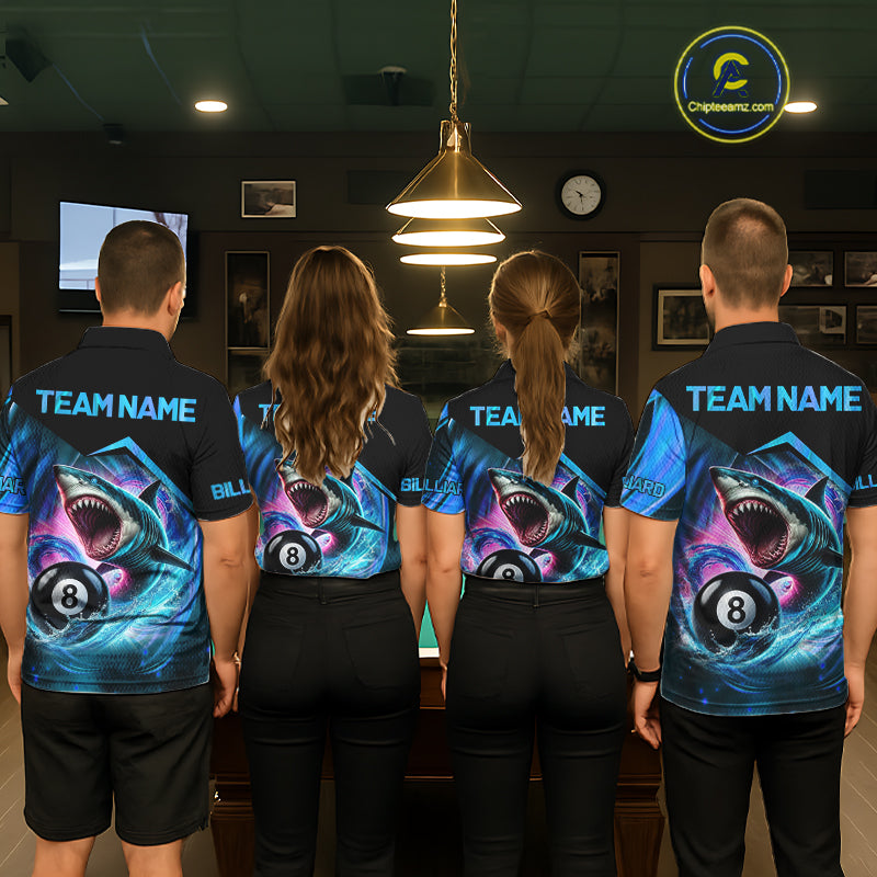 Billiard team wearing matching blue 8 ball pool shark team jerseys, back view.
