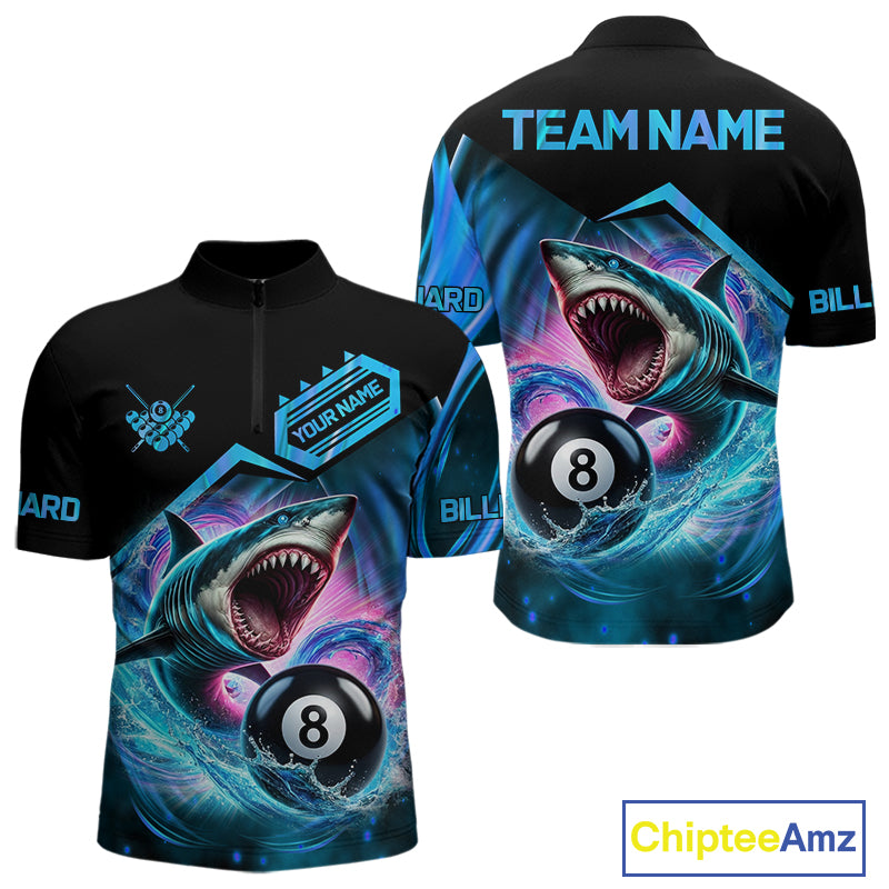 Blue 8 ball pool billiard shark team jersey quarter zip shirt for men featuring shark and 8 ball artwork, premium custom billiard apparel.