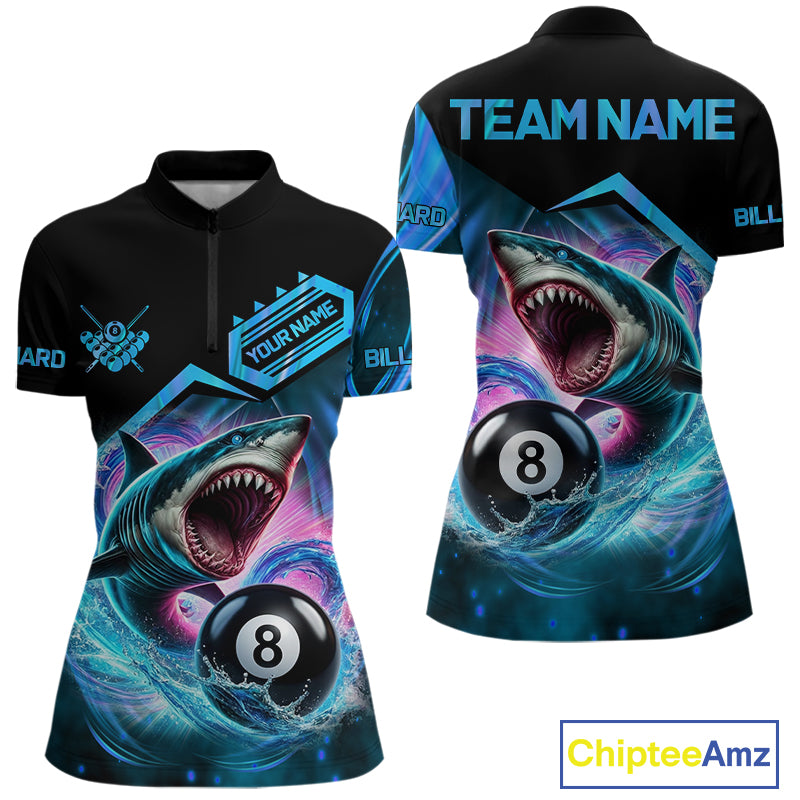 Blue 8 ball pool billiard shark team jersey quarter zip shirt for women featuring shark and 8 ball artwork, premium custom billiard apparel.