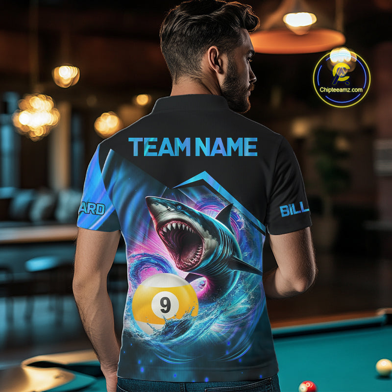 Man wearing blue 9 ball pool billiard shark team jersey featuring shark and 9 ball artwork, back view.