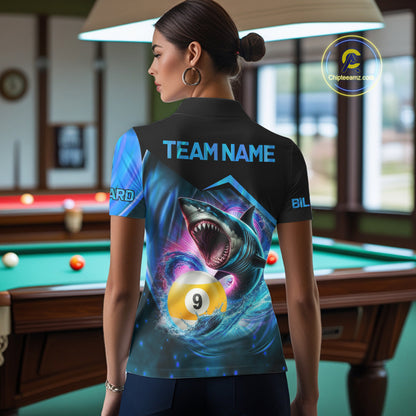 Woman wearing blue 9 ball pool billiard shark team jersey featuring shark and 9 ball artwork, back view.