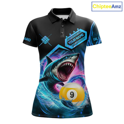 Blue 9 ball pool billiard shark team jersey polo shirt for women featuring a fierce shark and 9 ball design, premium custom billiard league apparel.