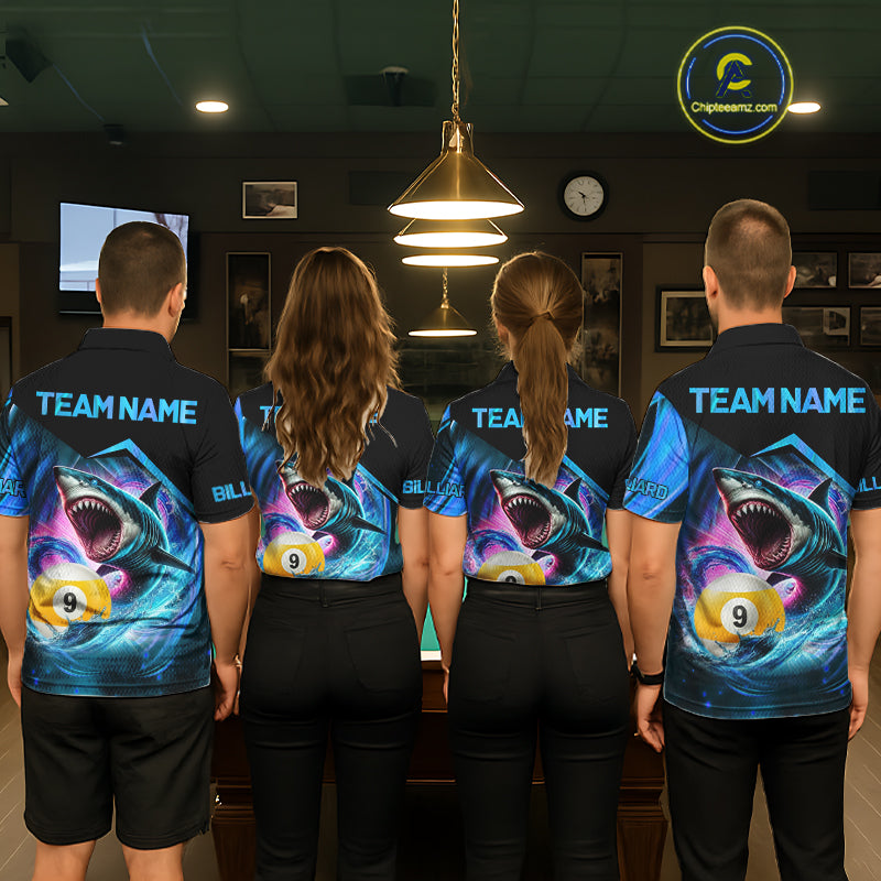 Billiard team wearing matching blue 9 ball pool shark team jerseys, back view.
