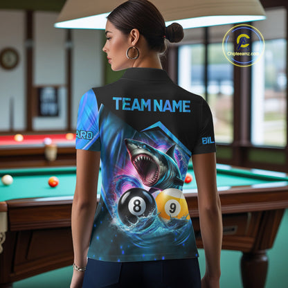 Woman wearing blue 8 ball and 9 ball pool billiard shark team jersey featuring shark, 8 ball and 9 ball artwork, back view.