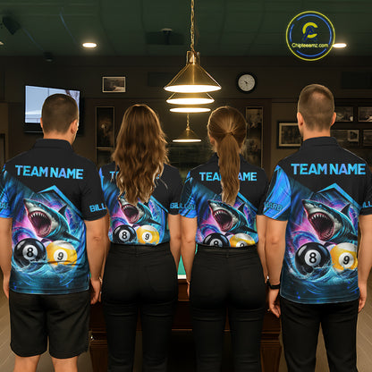 Billiard team wearing matching blue 8 ball and 9 ball pool shark team jerseys, back view.