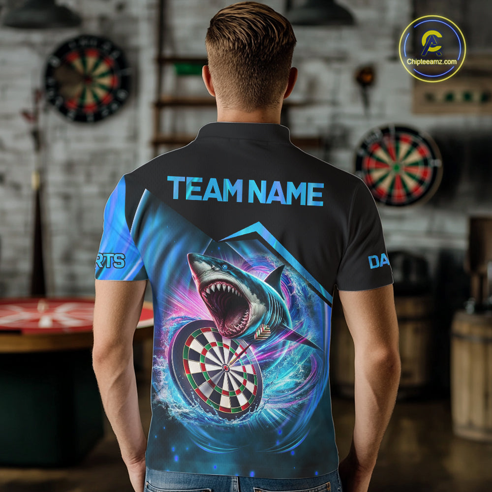 Man wearing personalized blue dartboard shark darts team jersey featuring blue shark and dartboard artwork, back view.