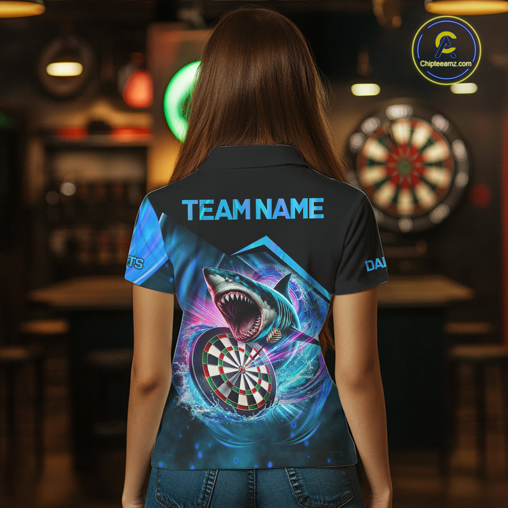 Woman wearing personalized blue dartboard shark darts team jersey featuring blue shark and dartboard artwork, back view.