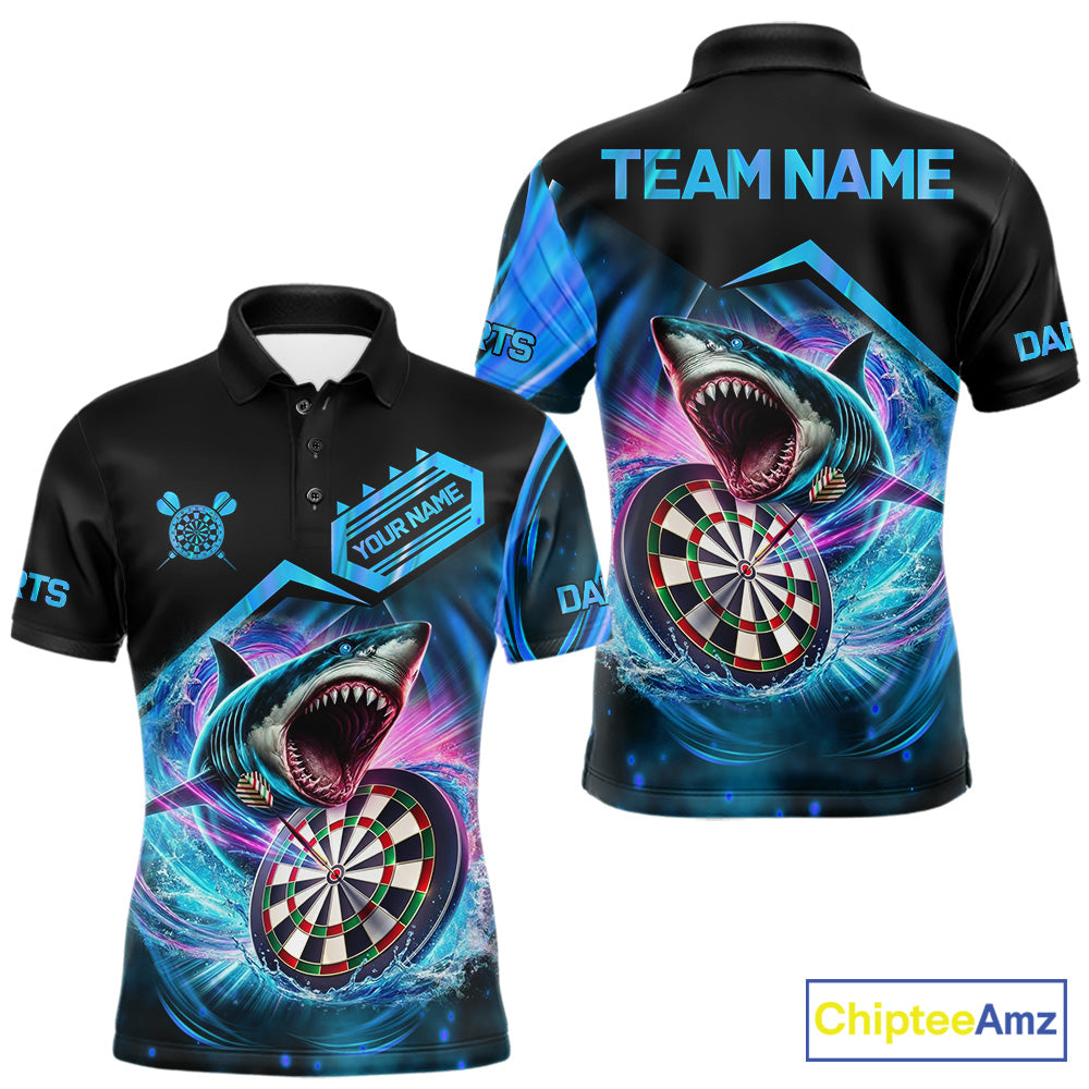 Personalized blue dartboard shark darts team jersey polo shirt for men featuring a fierce shark and dartboard design, premium custom team league darts apparel.