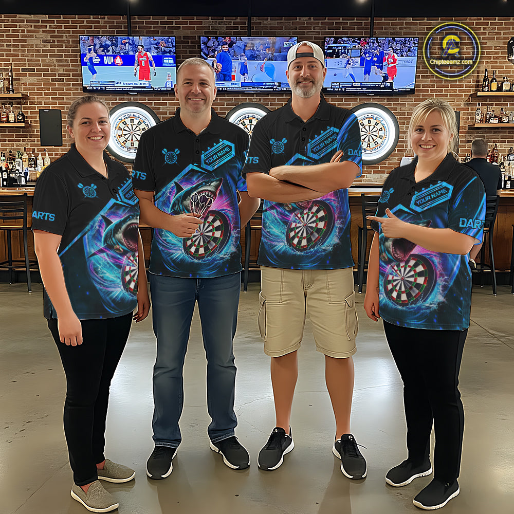 Darts team wearing matching personalized blue dartboard shark darts team jerseys, front view.