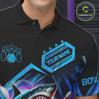 Close-up of personalized blue glowing shark bowling team jersey polo shirt featuring collar, buttons and glowing shark artwork.