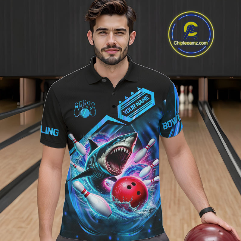 Man wearing personalized blue glowing shark bowling team jersey polo shirt featuring glowing shark artwork, front view.
