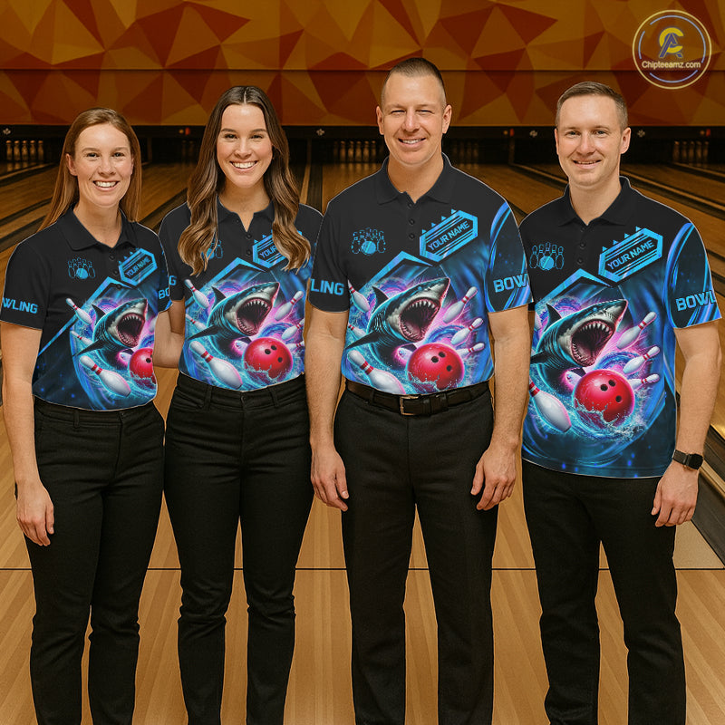 Bowling team wearing matching personalized blue glowing shark bowling team jerseys, front view.