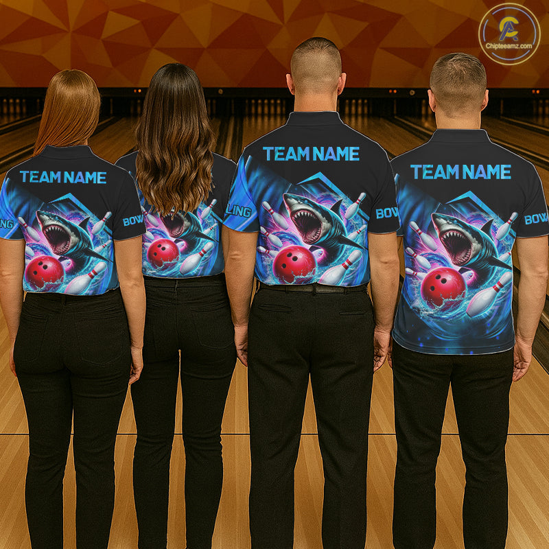 Bowling team wearing matching personalized blue glowing shark bowling team jerseys, back view.