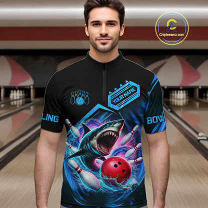 Man wearing personalized blue glowing shark bowling team jersey quarter zip shirt featuring glowing shark artwork, front view.
