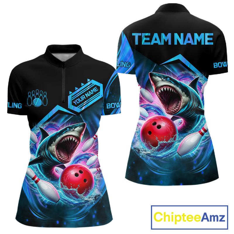 Personalized blue glowing shark bowling team jersey quarter zip shirt for women featuring vibrant glowing shark artwork, premium custom bowling apparel.