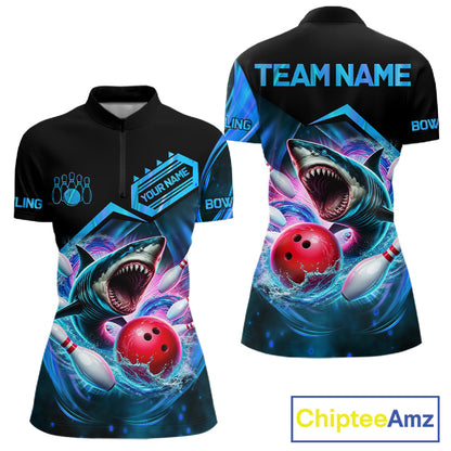 Personalized blue glowing shark bowling team jersey quarter zip shirt for women featuring vibrant glowing shark artwork, premium custom bowling apparel.