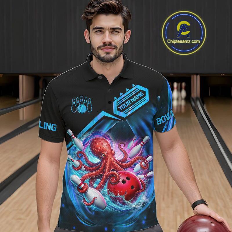 Man wearing personalized blue glowing octopus bowling team jersey polo shirt featuring glowing octopus artwork, front view.