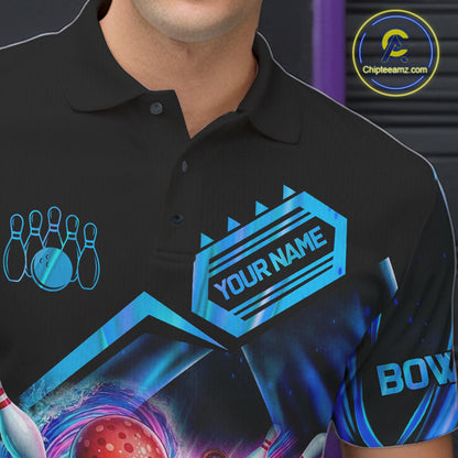 Close-up of personalized blue glowing octopus bowling team jersey polo shirt featuring collar, buttons and glowing octopus artwork.