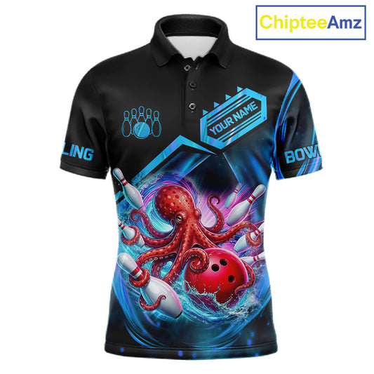 Personalized blue glowing octopus bowling team jersey polo shirt for men featuring a glowing octopus design, premium custom bowling league team apparel for tournaments and team play.